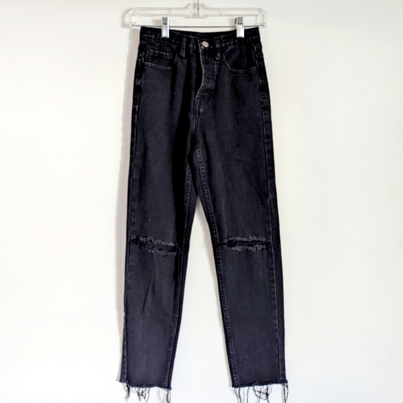 PRINCESS POLLY High Rise Raw Hem Distressed Black Jeans Size 0 - Picture 2 of 12